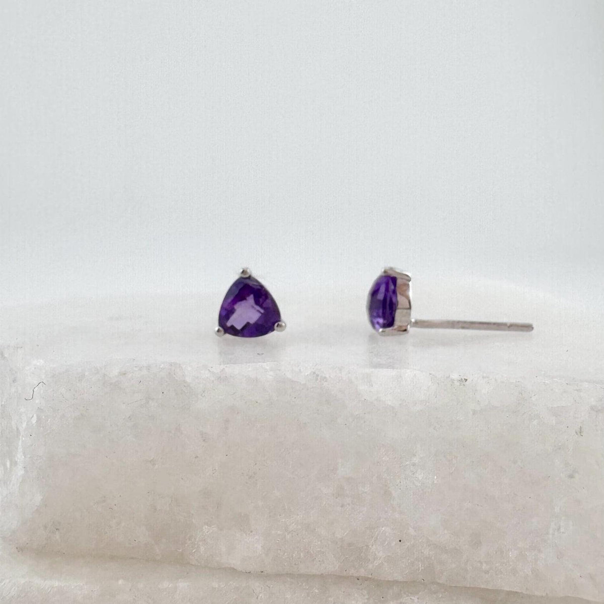 Genuine Amethyst Trillion Cut Stud Earrings, 14k Solid White Gold, February Birthstone, Gift for Her
