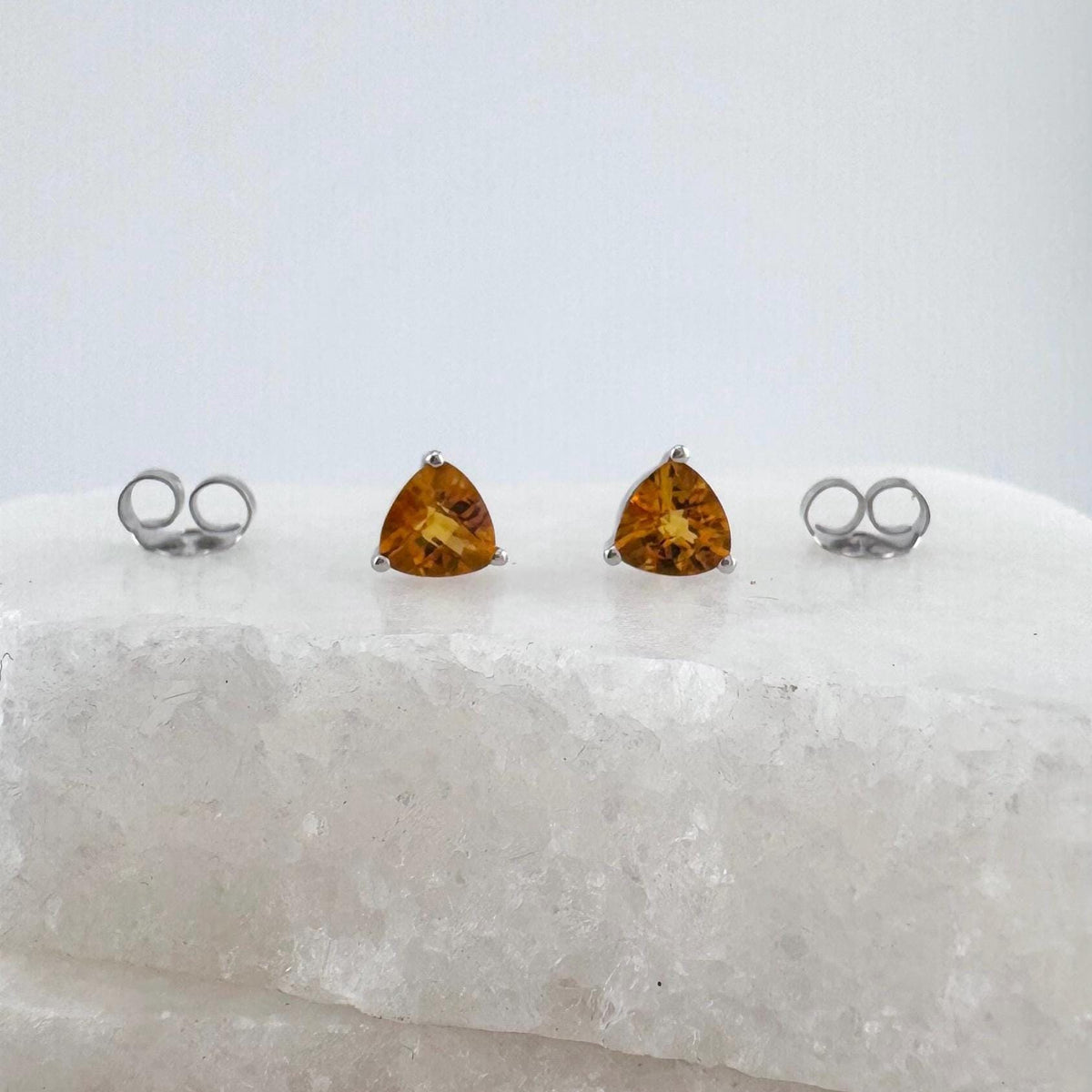 Genuine Citrine Trillion Cut Stud Earrings, 14k White Gold, November Birthstone