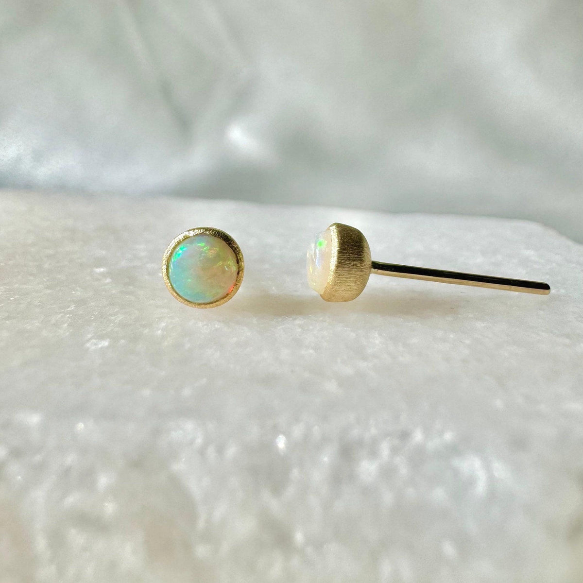 Genuine Fiery Round Opal Bezel Studs with Satin Finish | 14k Solid Gold
