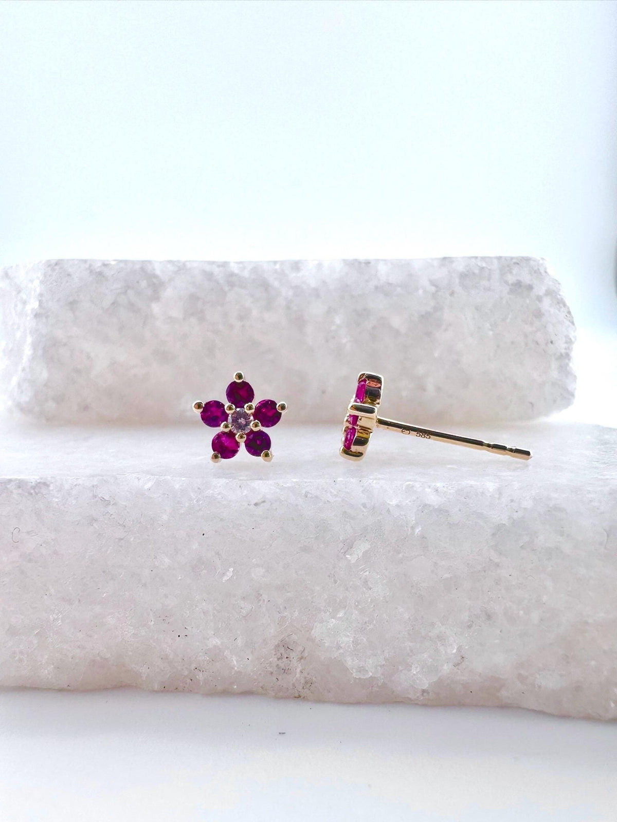 14k Solid Yellow Gold Dark Pink Sapphire Diamond Flower Stud Earrings, September Birthstone Gift