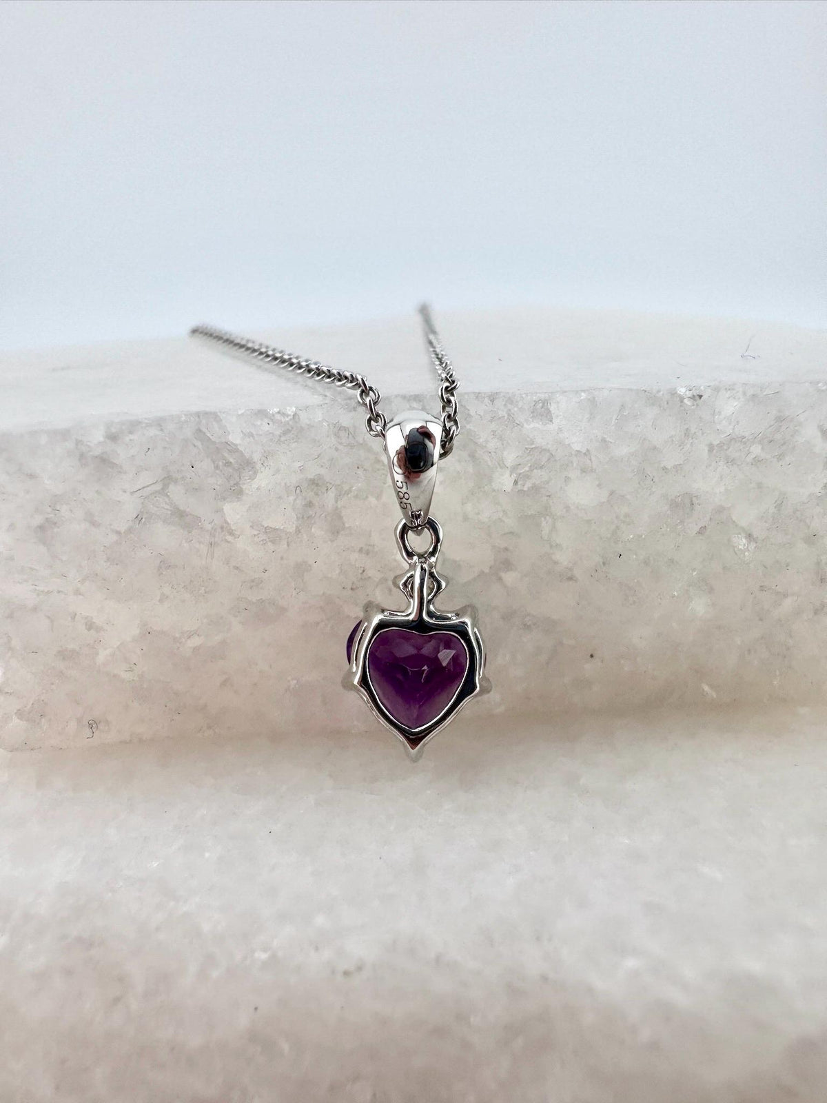 14k Solid Gold Amethyst Heart Pendant with Diamond, February Birthstone Gift