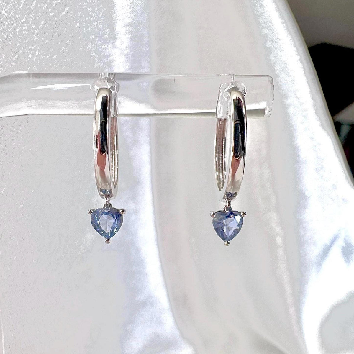 14k Solid Gold Heart Dangle Hoop Earrings, Ceylon Sapphire, September Birthstone Gift