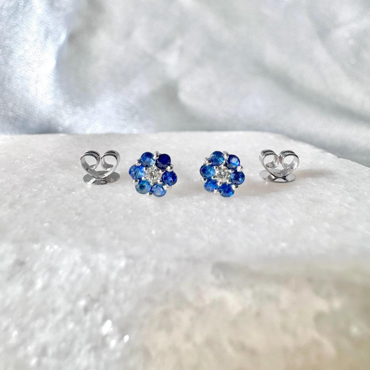 Genuine Sapphire and Diamond Flower Stud Earrings in 14k Solid Gold