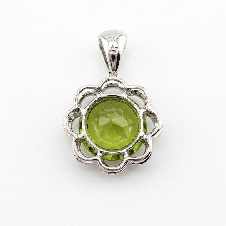 Peridot Diamond Pendant, Genuine 5.25cts Round Cut, 14k Solid White Gold Necklace, August Birthstone, Gift for Her