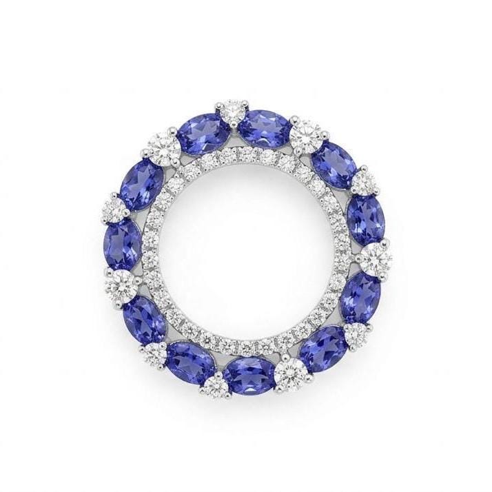Genuine Tanzanite and Diamond Circle Pendant | 14k Solid White Gold