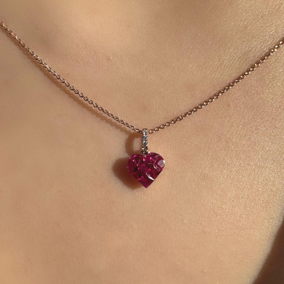 Genuine Ruby and Diamond Heart Pave Pendant / 14k Solid Gold