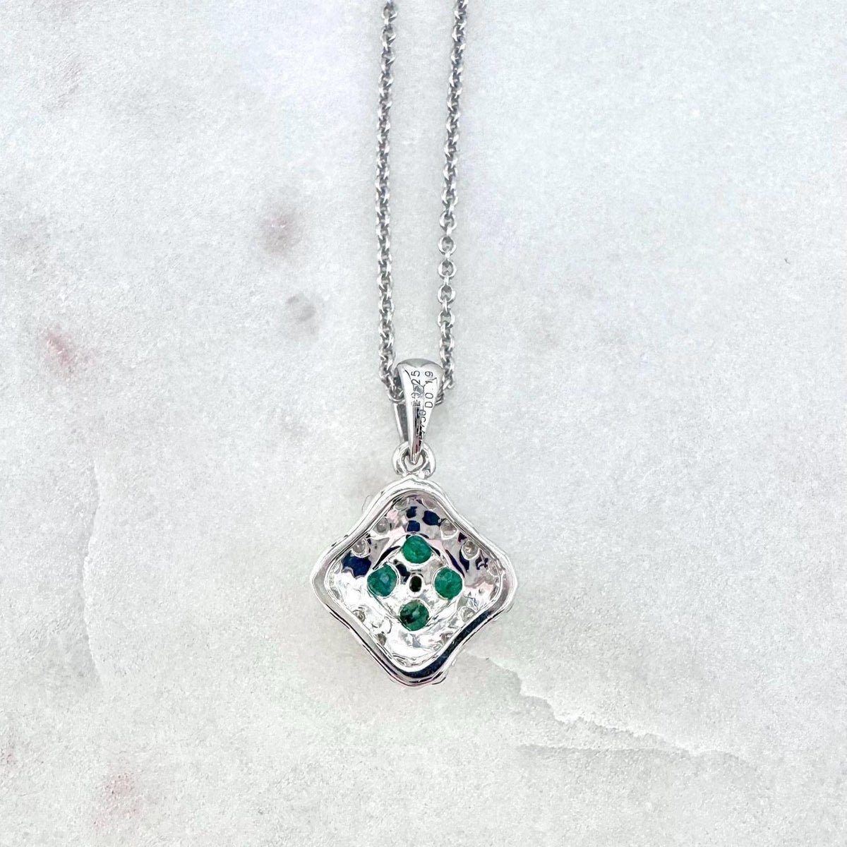 Genuine Emerald and Diamond Square Pendant in 18k Solid White Gold