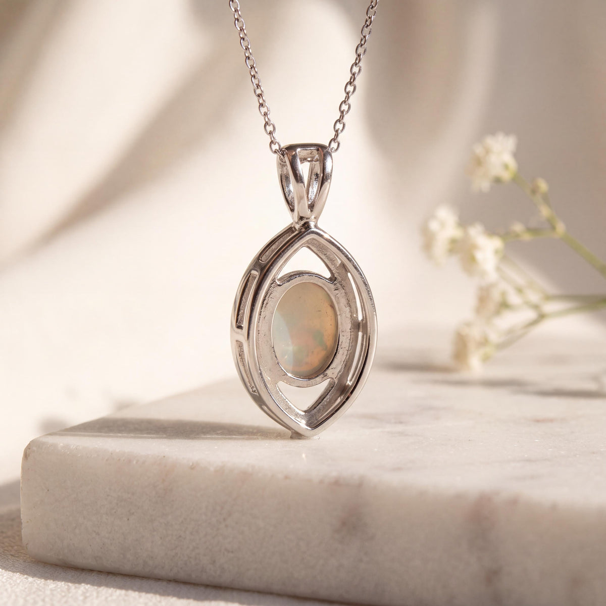 Genuine 1.26 ct Oval Opal and Diamond and Burmese Green Jade Pendant in 18k Solid White Gold