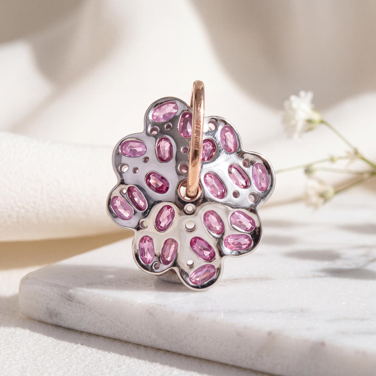 Genuine Pink Sapphire Diamond Honeycomb Pendant in 18k Solid Gold, September Birthstone