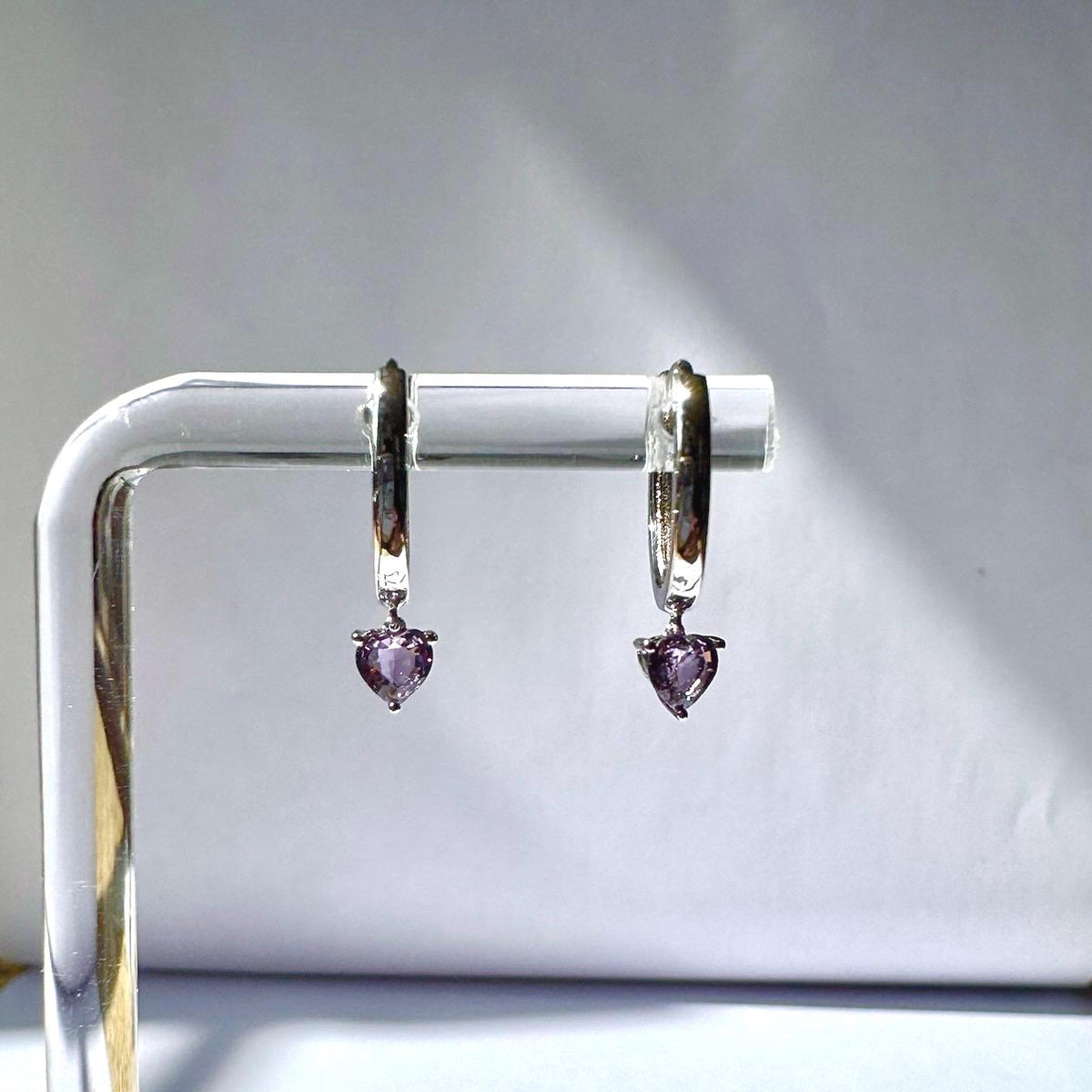 14k Solid Gold Heart Dangle Hoop Earrings, Purple Sapphire, September Birthstone Gift