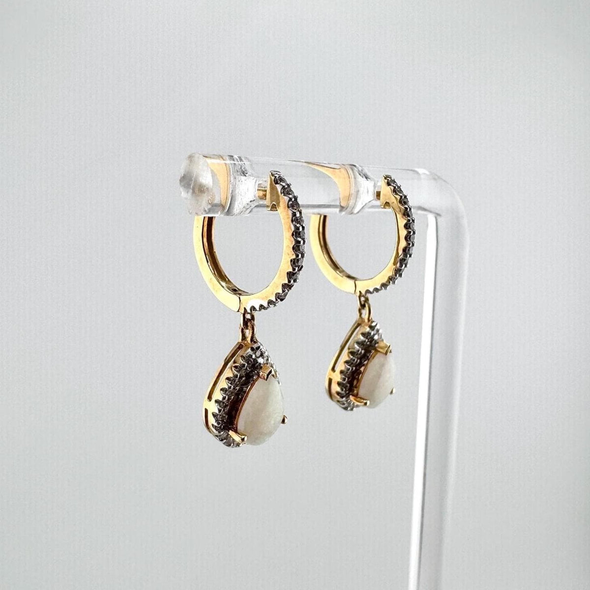 18k Solid Yellow Gold Teardrop Opal Diamond Halo Huggie Hoops, October Birthstone Earrings