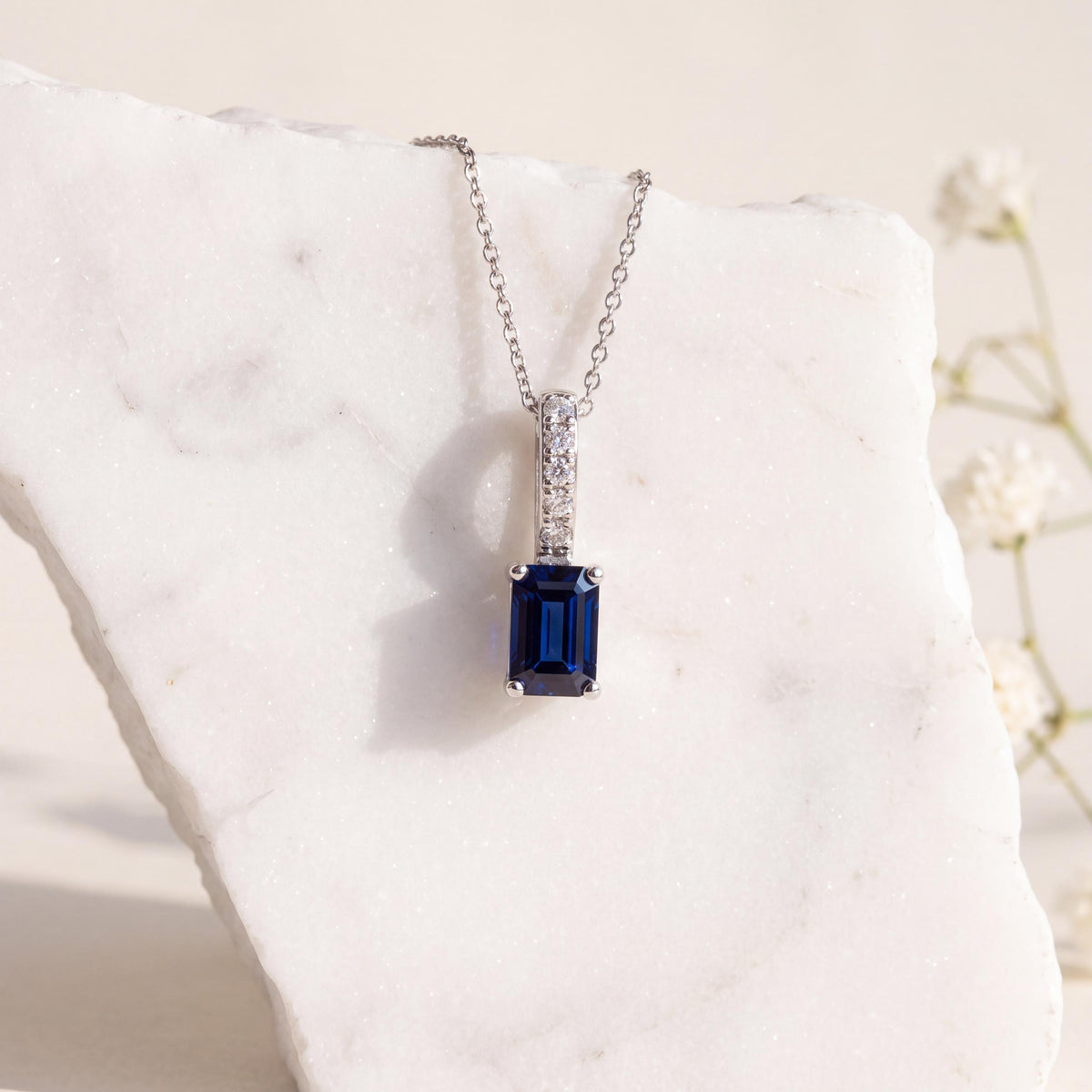14k Solid White Gold, Natural Radiant Cut Sapphire and Diamond Pendant, September Birthstone, Gift for Her
