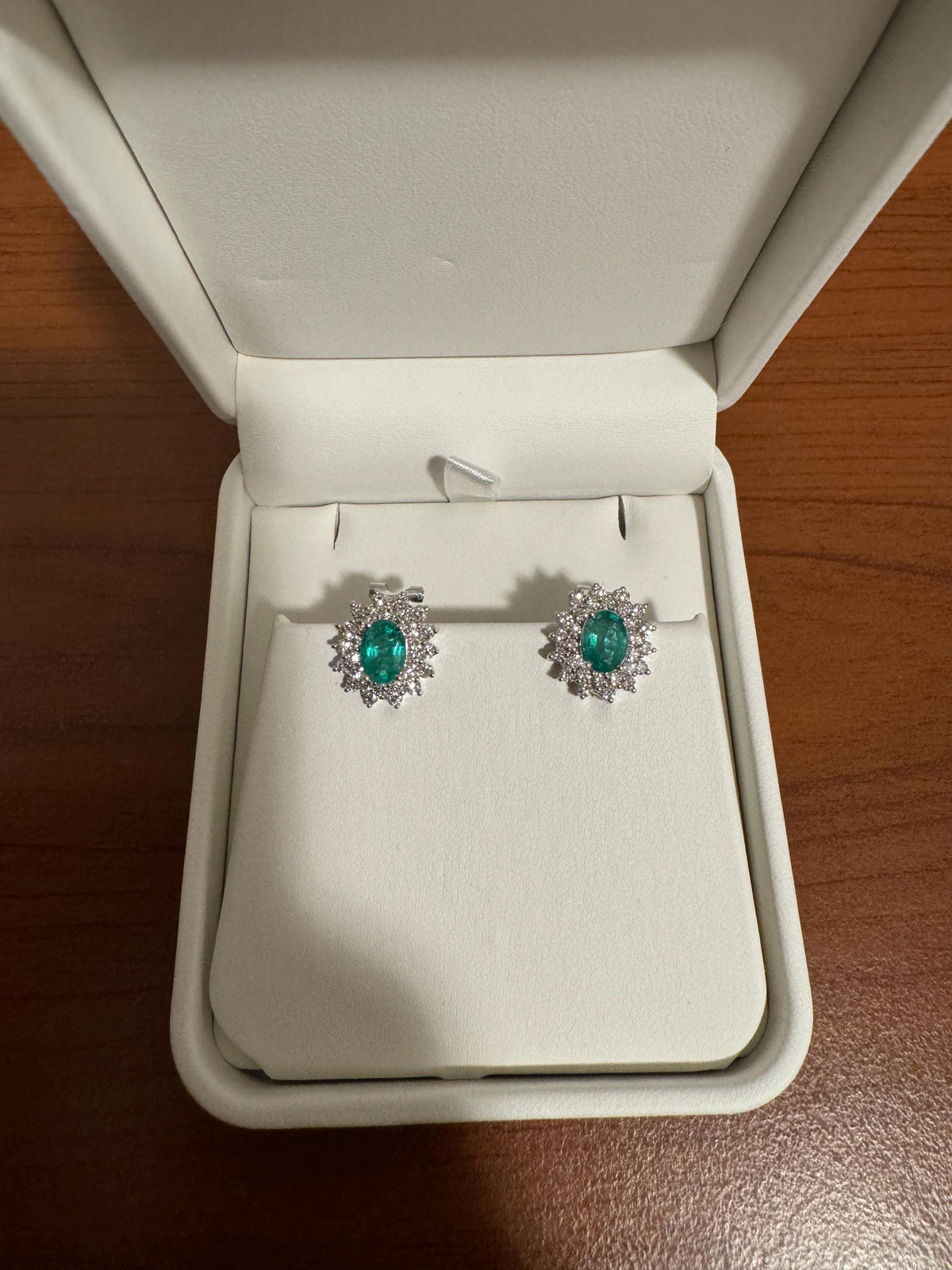 14k White Gold 1.86 ct Oval Emerald Double Halo Earrings, May Birthstone, Solid Gold Jewelry