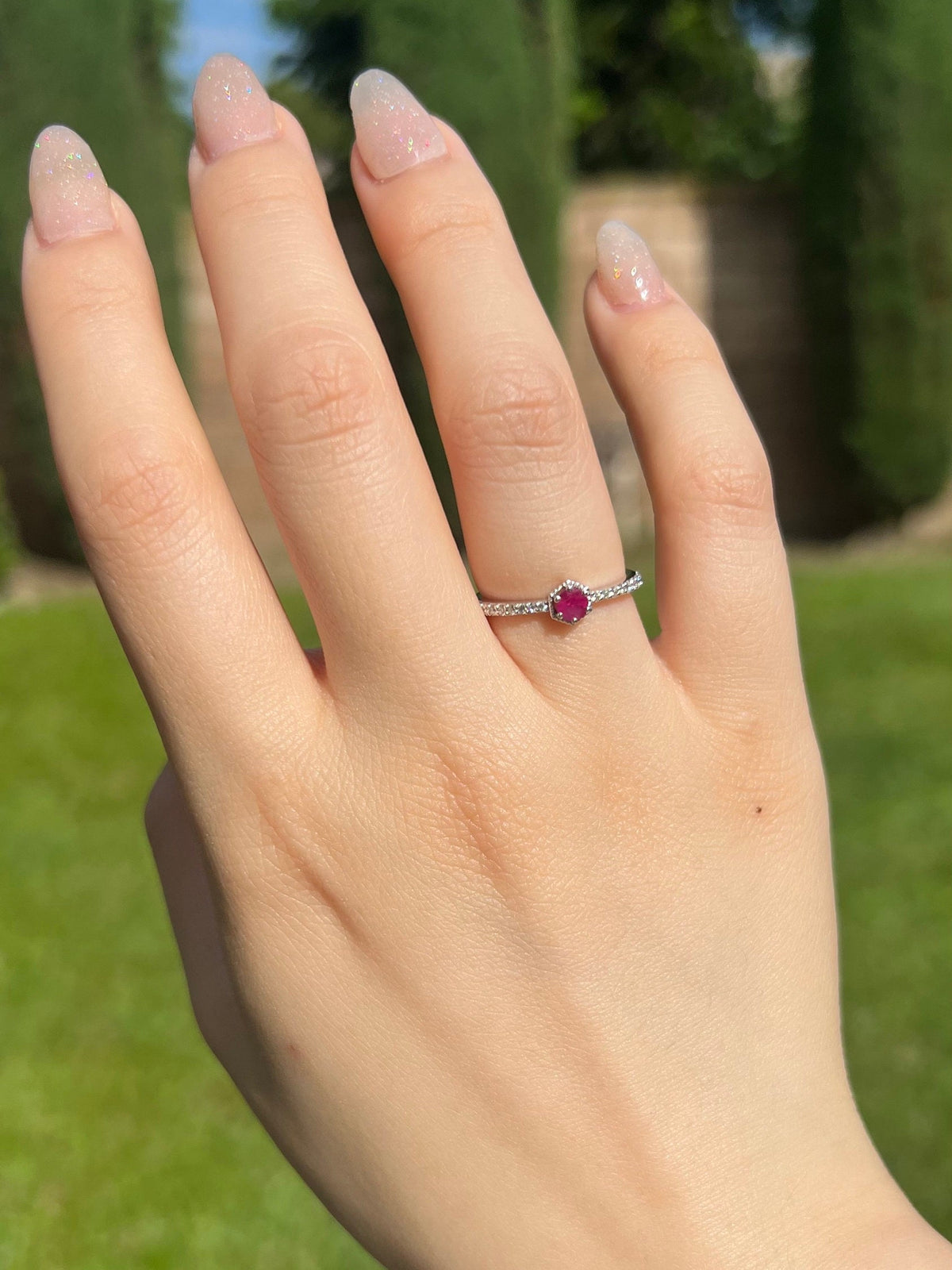 14k Solid White Gold Ruby Diamond Halo Ring, July Birthstone Gift