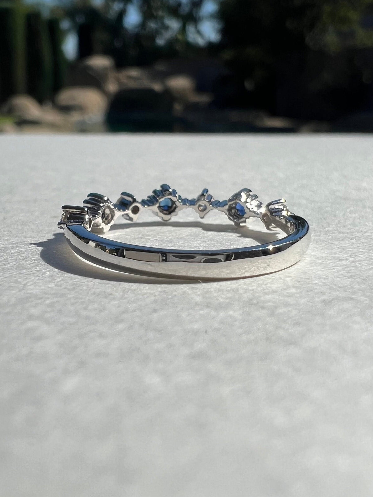 Genuine Sapphire and Diamond Alternating Row Ring, 14k Solid White Gold, September Birthstone