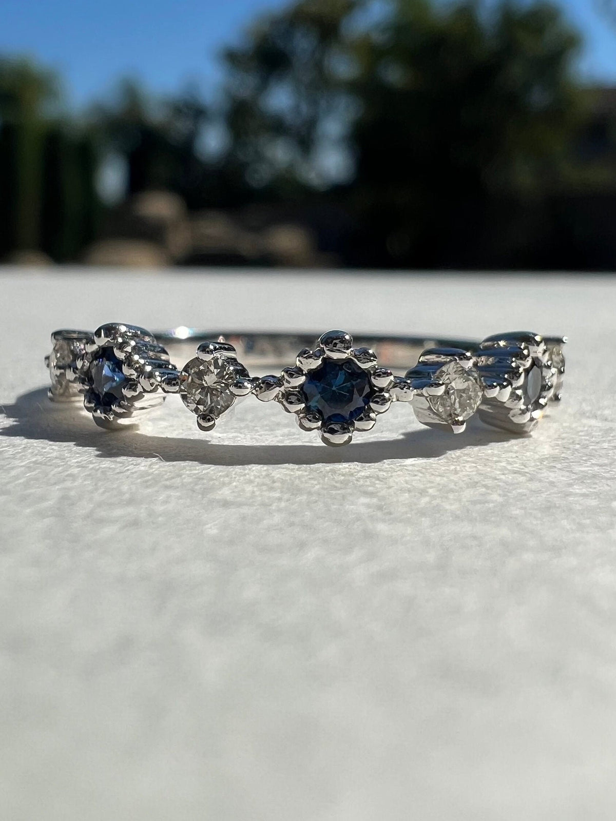 Genuine Sapphire and Diamond Alternating Row Ring, 14k Solid White Gold, September Birthstone