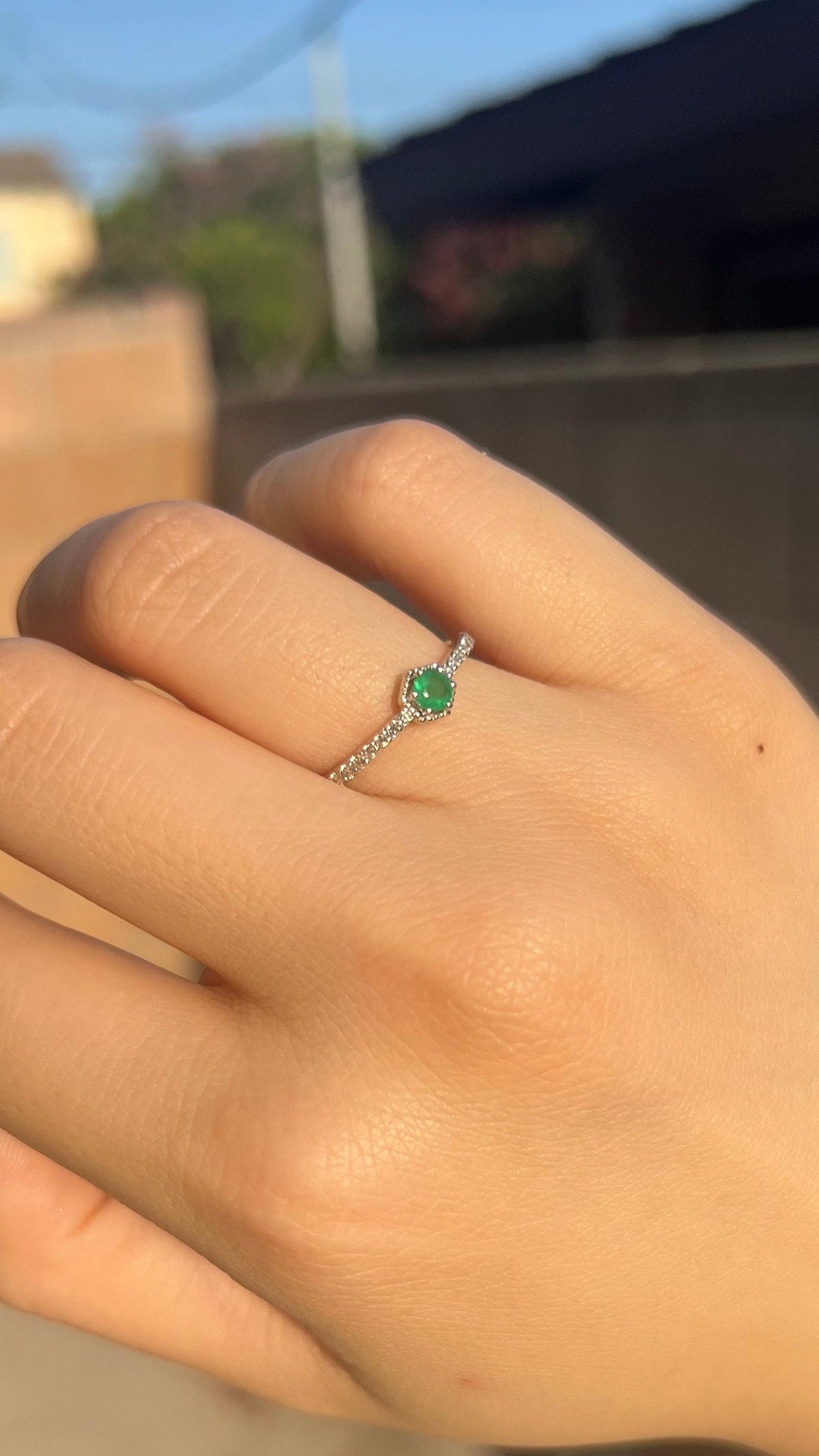 Genuine Emerald and Diamond Dainty Halo Ring, 14k Solid White Gold, May Birthstone, Gift for Her