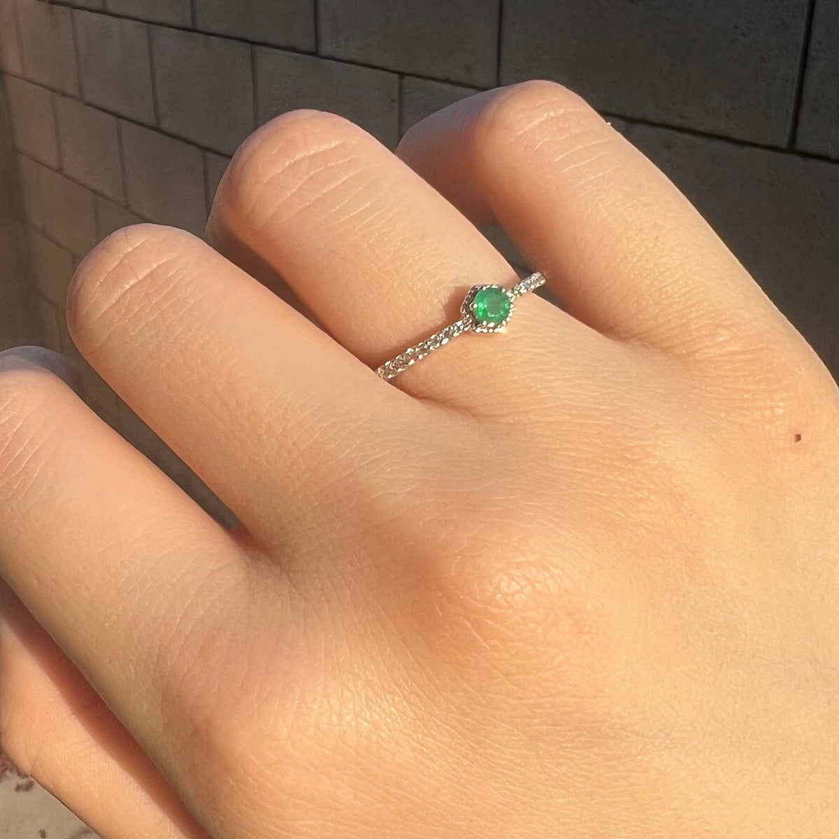 Genuine Emerald and Diamond Dainty Halo Ring, 14k Solid White Gold, May Birthstone, Gift for Her