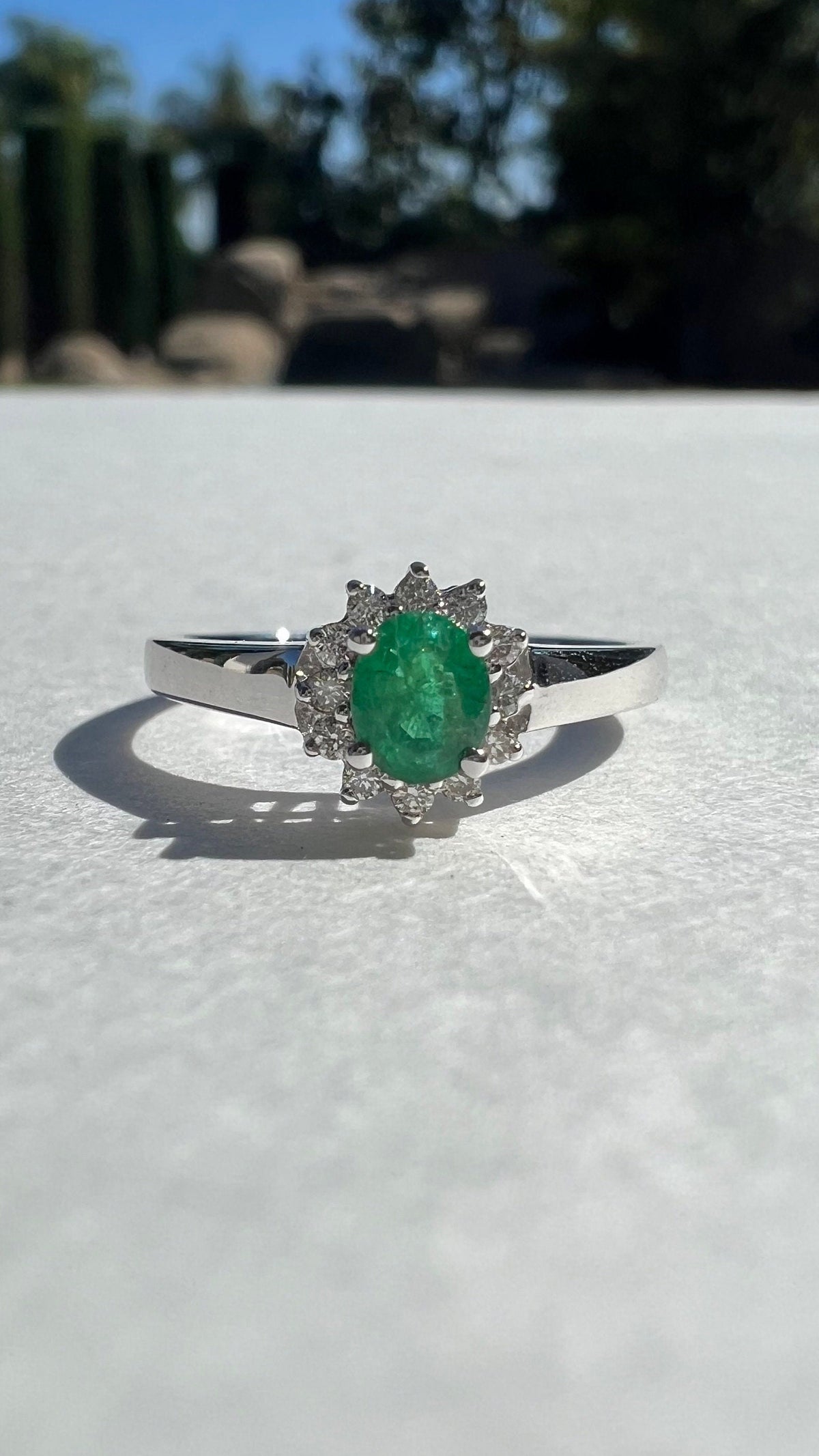 Genuine Emerald and Diamond Oval Halo Ring, 14k Solid White Gold, May Birthstone, Gift for Her