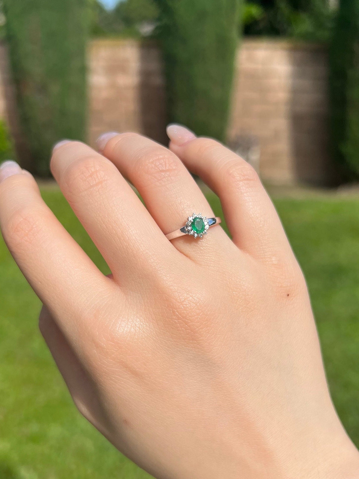 Genuine Emerald and Diamond Oval Halo Ring, 14k Solid White Gold, May Birthstone, Gift for Her