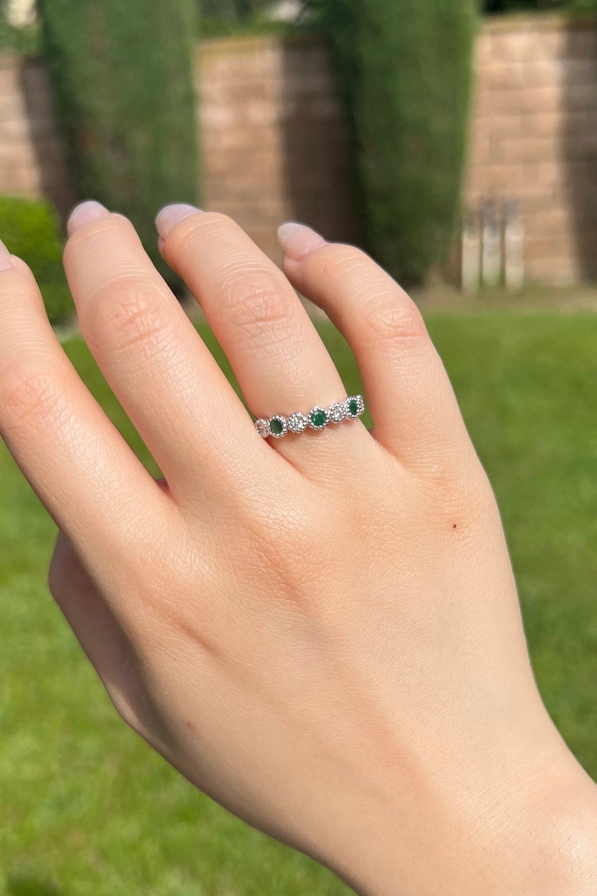 Genuine Emerald and Diamond Eternity Ring, 14k Solid White Gold, May Birthstone Gift