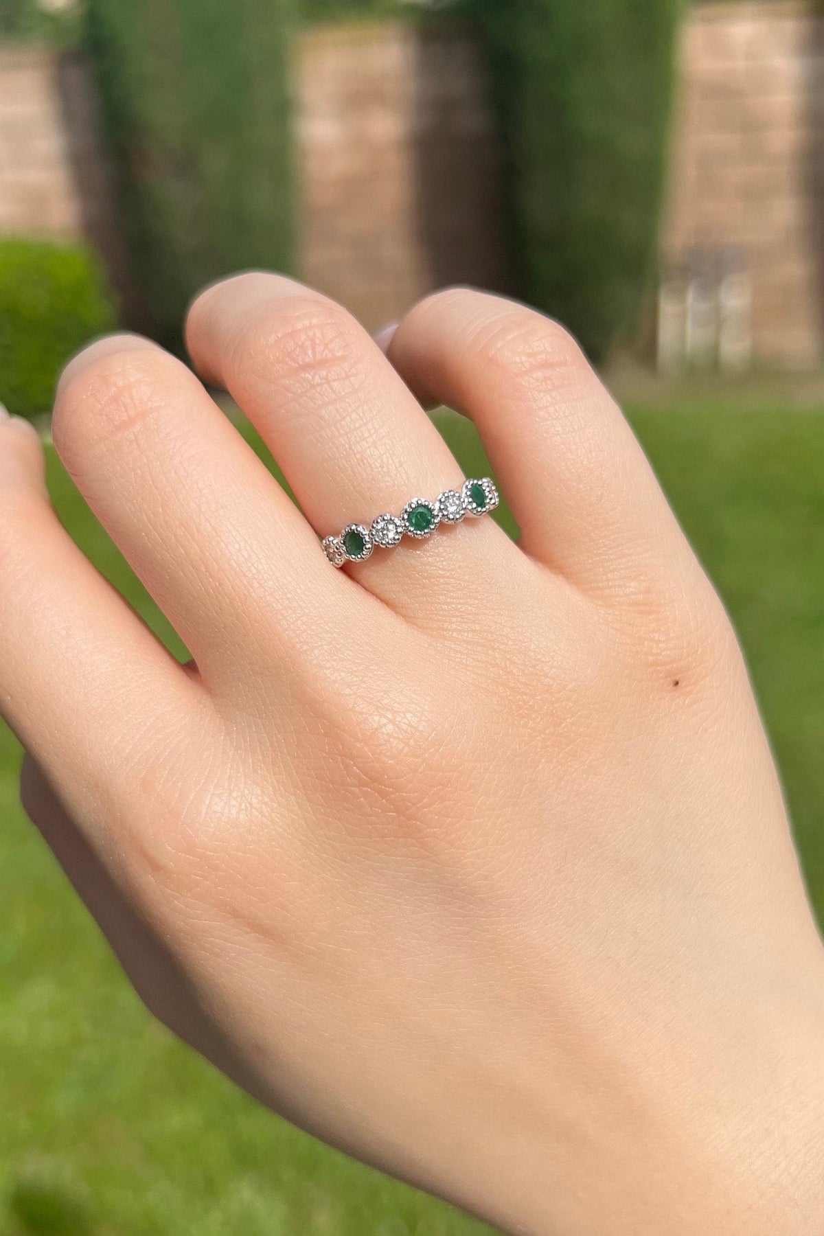 Genuine Emerald and Diamond Eternity Ring, 14k Solid White Gold, May Birthstone Gift