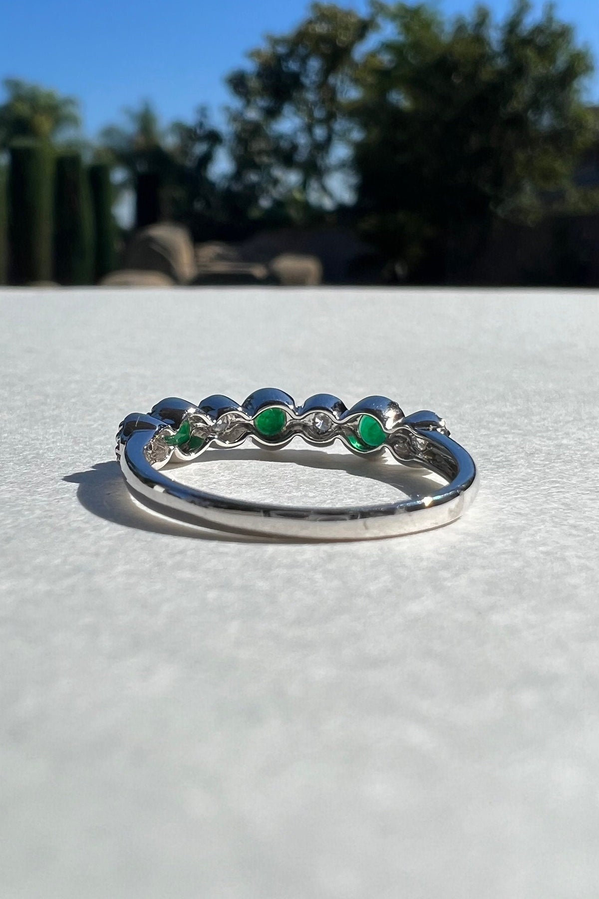Genuine Emerald and Diamond Eternity Ring, 14k Solid White Gold, May Birthstone Gift