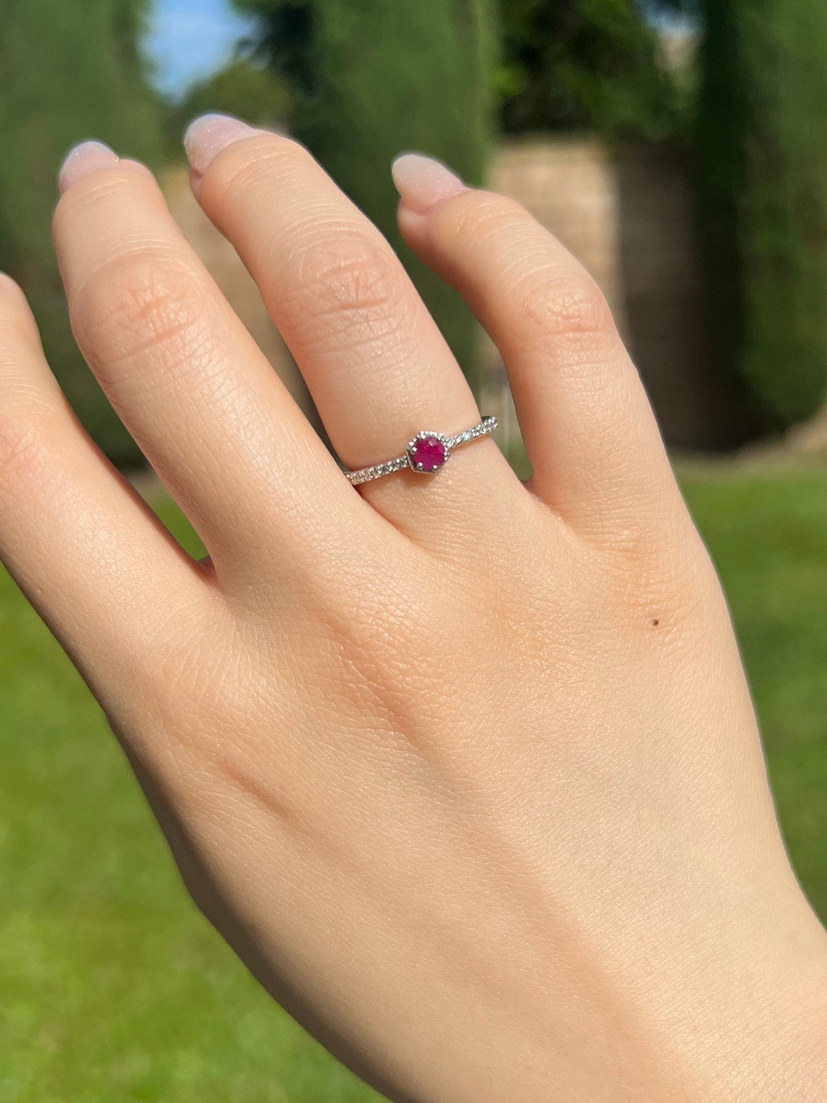 14k Solid White Gold Ruby Diamond Halo Ring, July Birthstone Gift