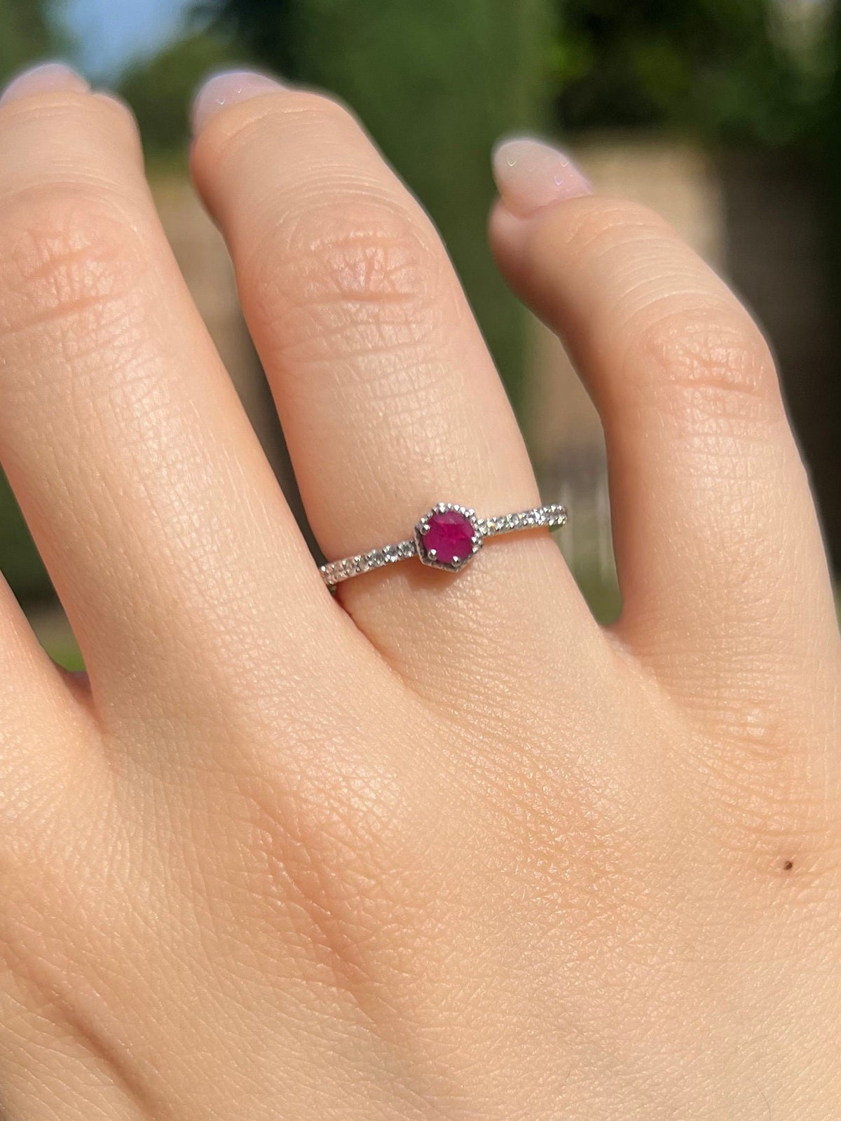 14k Solid White Gold Ruby Diamond Halo Ring, July Birthstone Gift