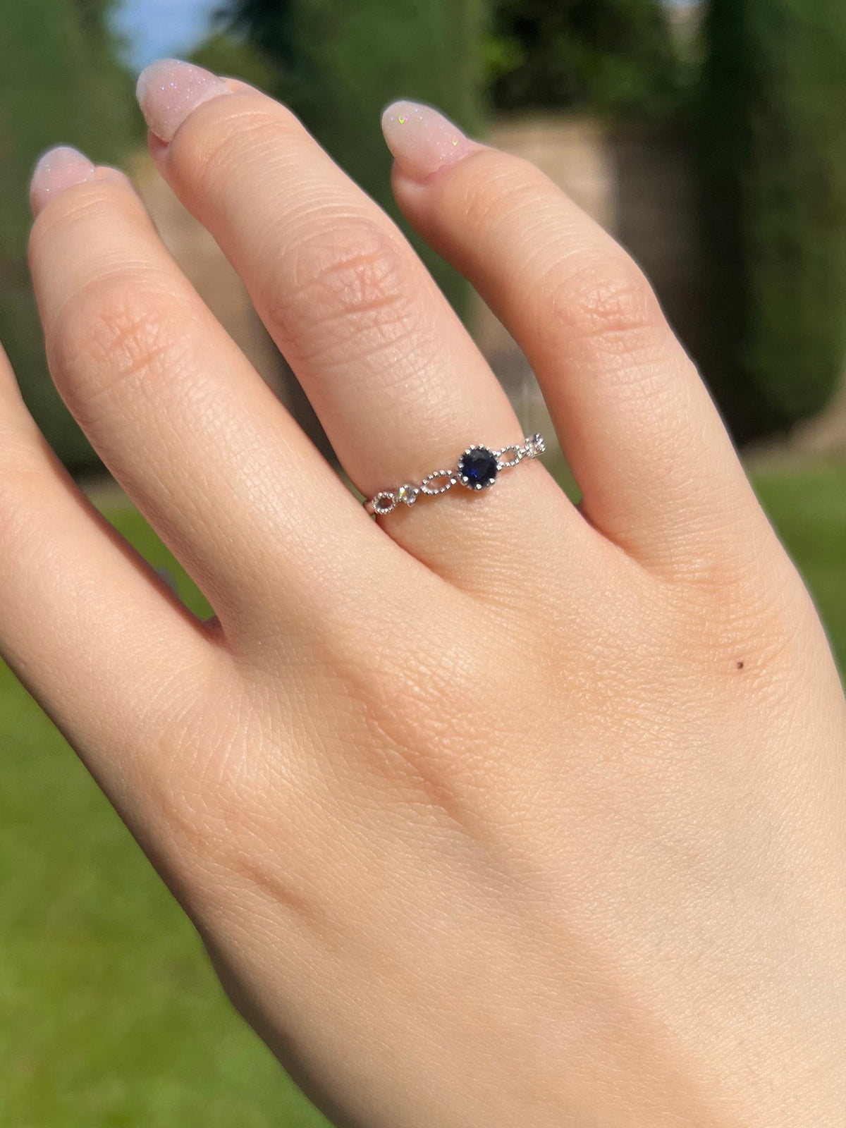Genuine Sapphire and Diamond Ring in 14k Solid White Gold