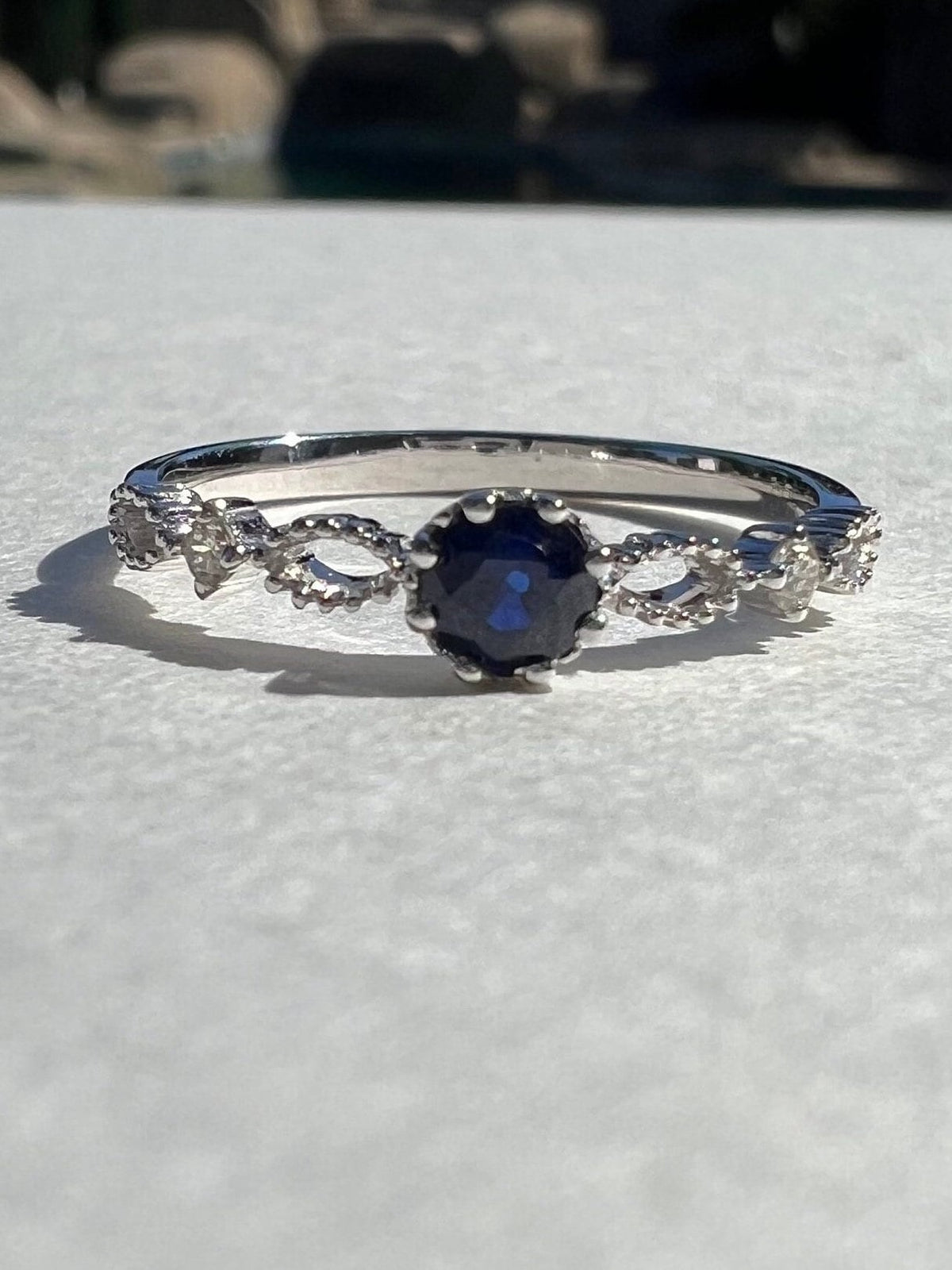 Genuine Sapphire and Diamond Ring in 14k Solid White Gold