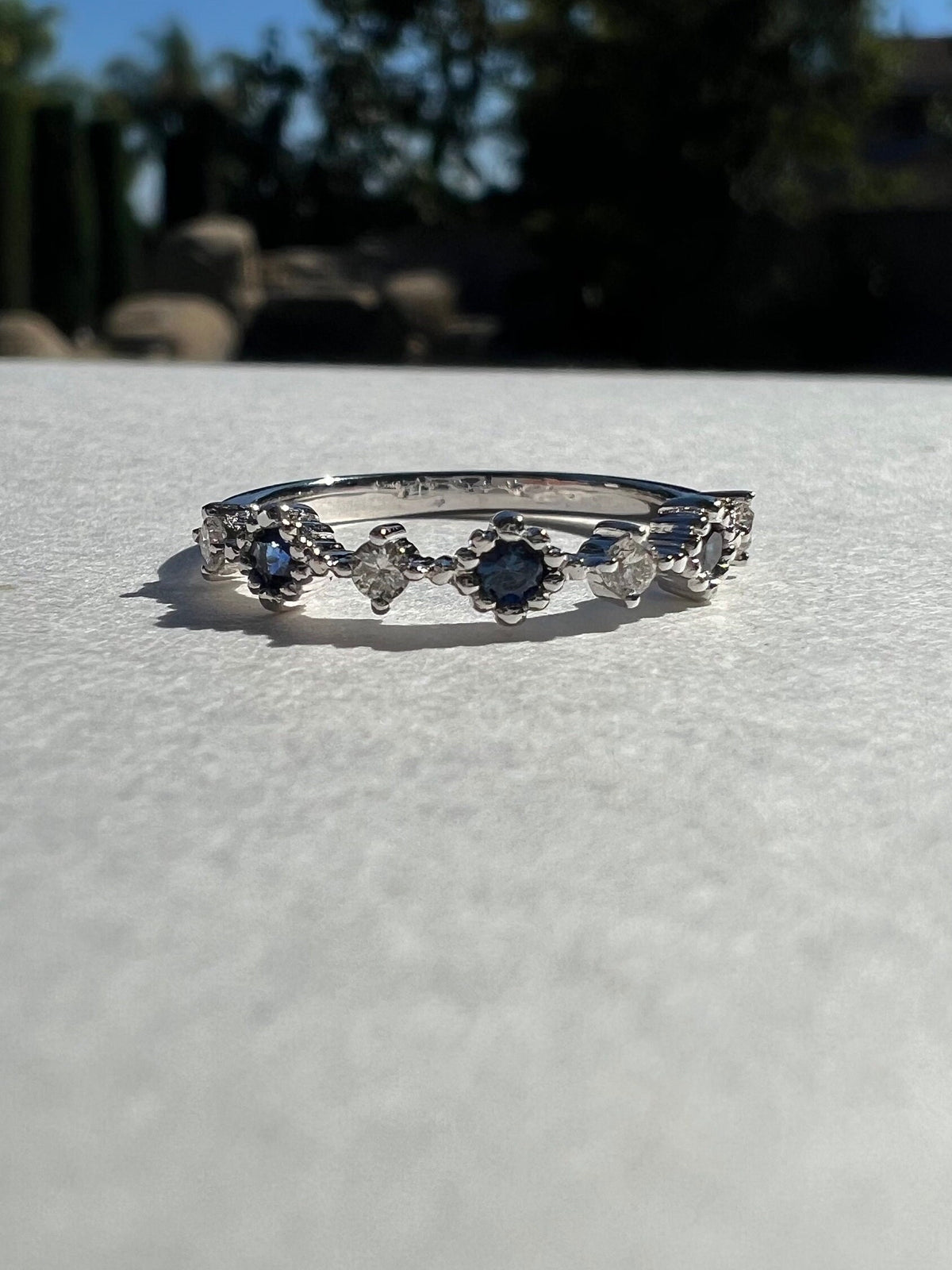 Genuine Sapphire and Diamond Alternating Row Ring, 14k Solid White Gold, September Birthstone