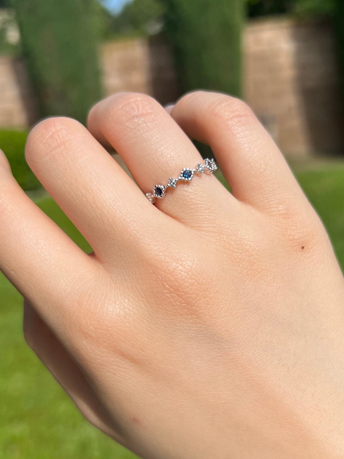 Genuine Sapphire and Diamond Alternating Row Ring, 14k Solid White Gold, September Birthstone