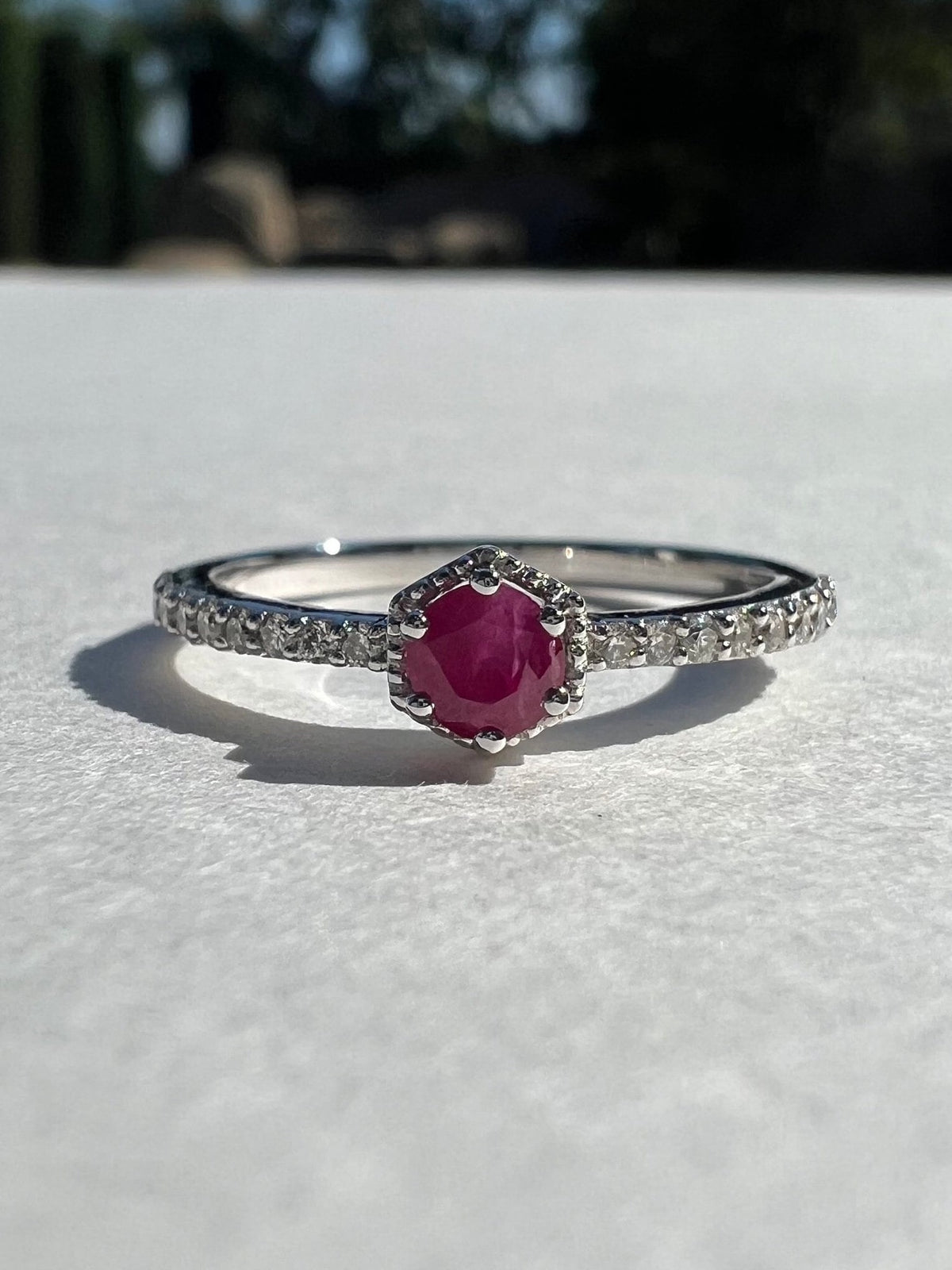 14k Solid White Gold Ruby Diamond Halo Ring, July Birthstone Gift