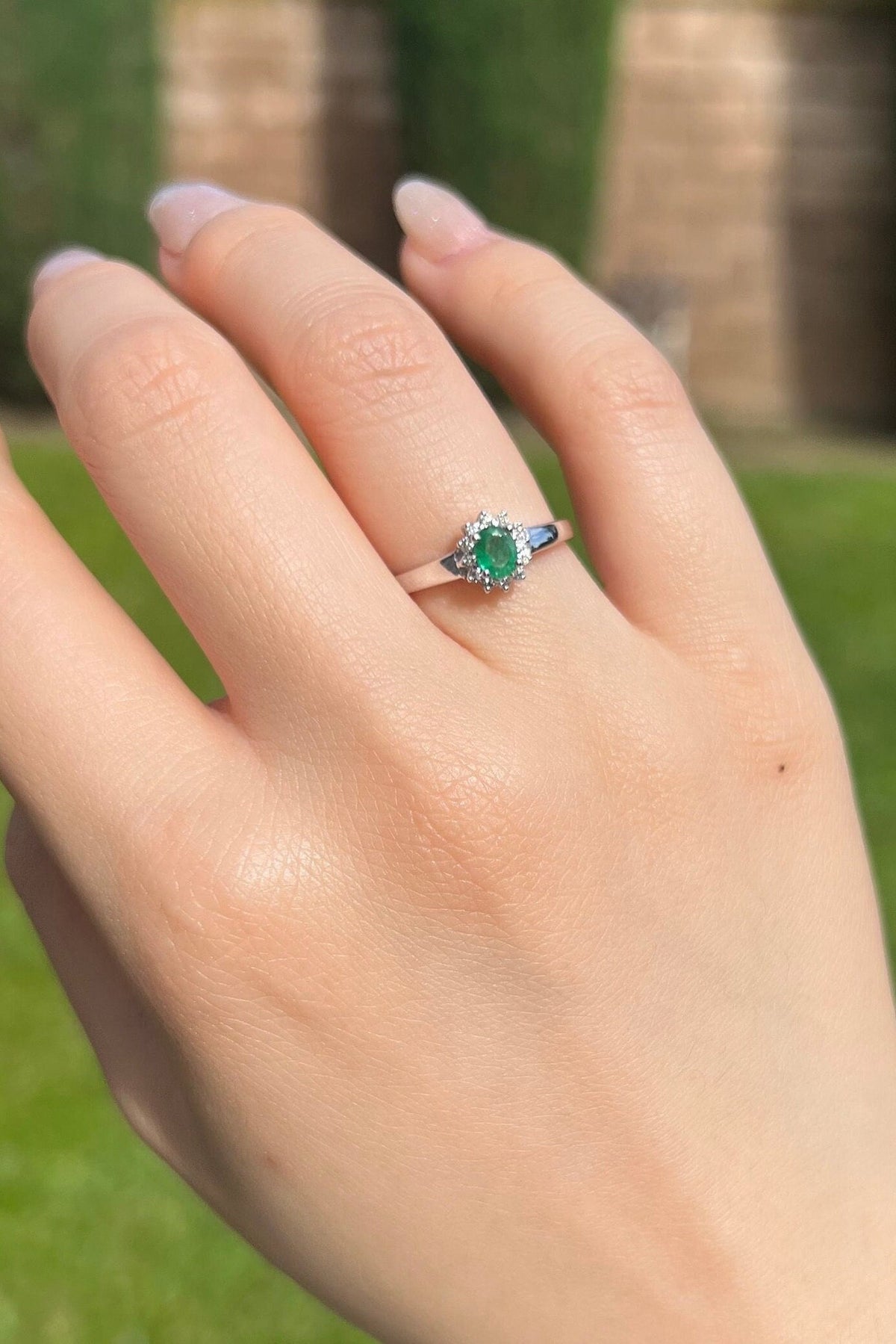 Genuine Emerald and Diamond Oval Halo Ring, 14k Solid White Gold, May Birthstone, Gift for Her
