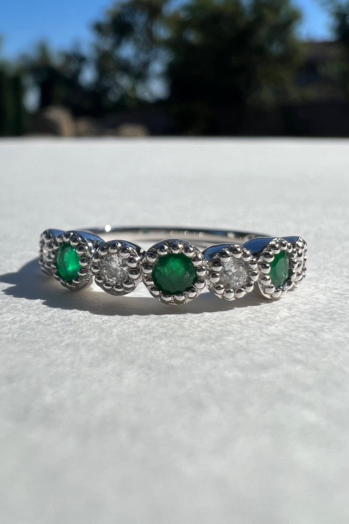 Genuine Emerald and Diamond Eternity Ring, 14k Solid White Gold, May Birthstone Gift