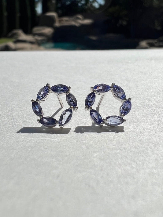 Genuine Tanzanite Marquise Earrings / Halo Earring / Pair / 14k Solid Yellow Gold