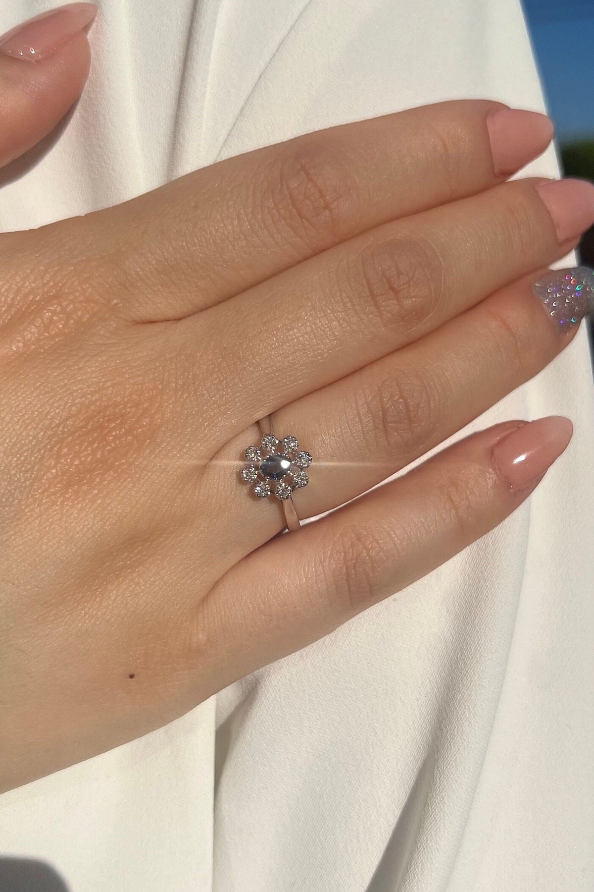 Genuine Sapphire and Diamond Ring｜14k Solid White Gold