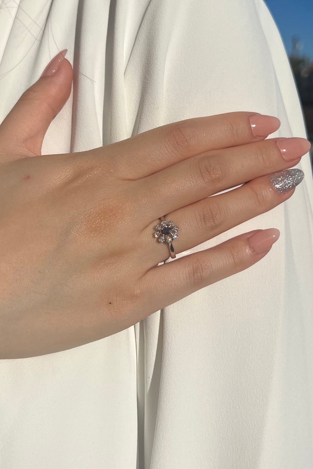 Genuine Sapphire and Diamond Ring｜14k Solid White Gold