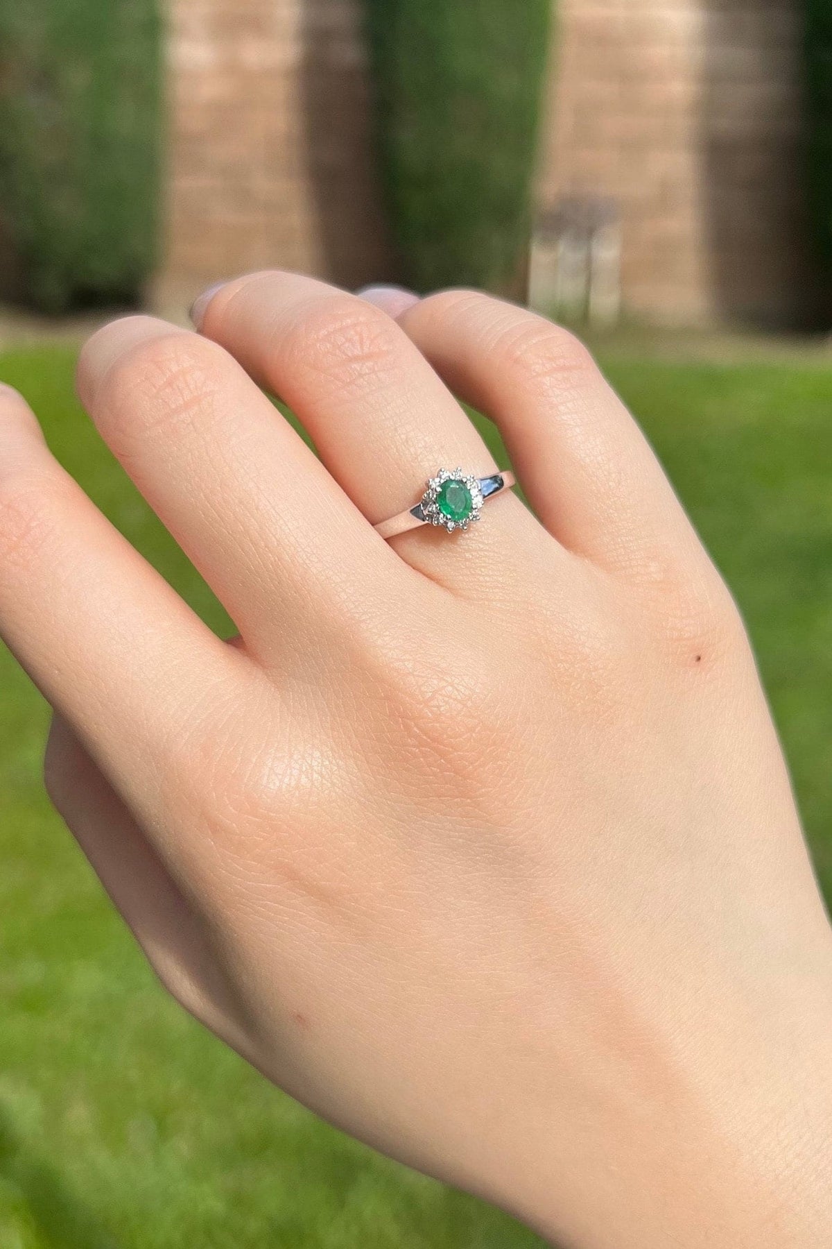 Genuine Emerald and Diamond Oval Halo Ring, 14k Solid White Gold, May Birthstone, Gift for Her
