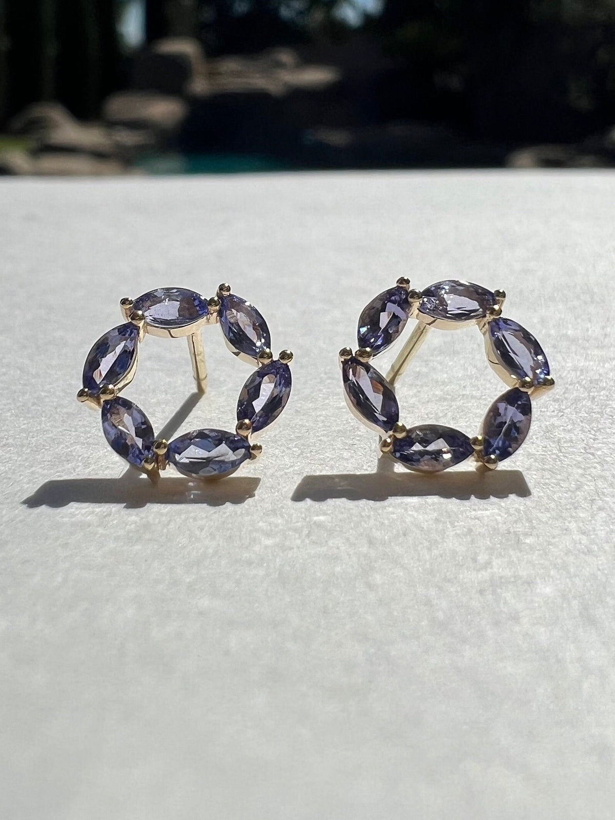 Genuine Tanzanite Marquise Earrings / Halo Earring / Pair / 14k Solid Yellow Gold