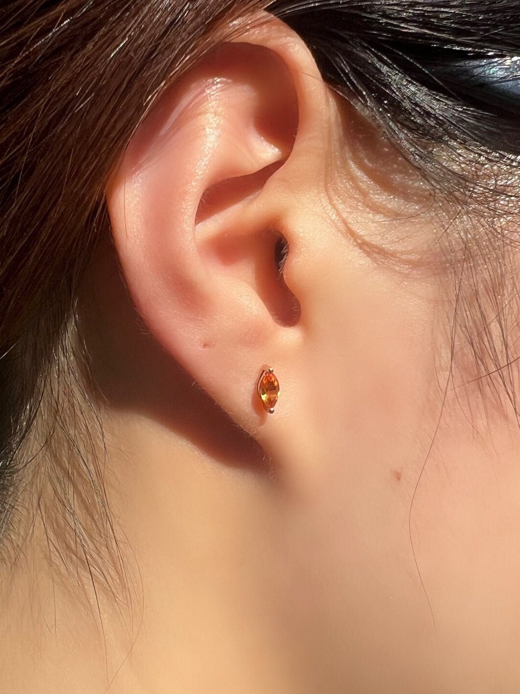 Natural Orange Sapphire Studs / 14k Rose Gold Marquise Earrings / Orange Gemstone Earrings