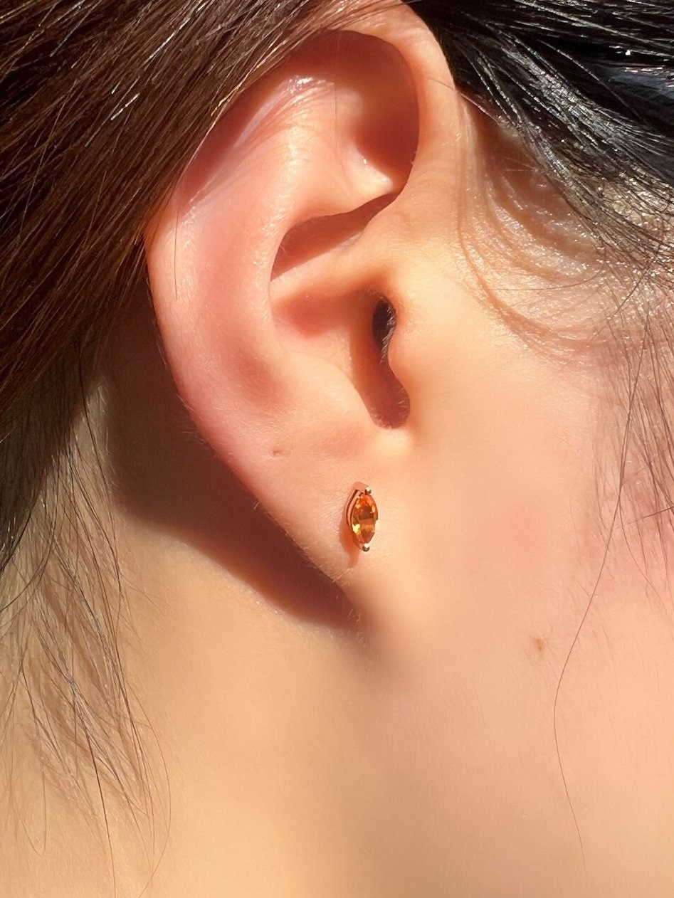 Natural Orange Sapphire Studs / 14k Rose Gold Marquise Earrings / Orange Gemstone Earrings