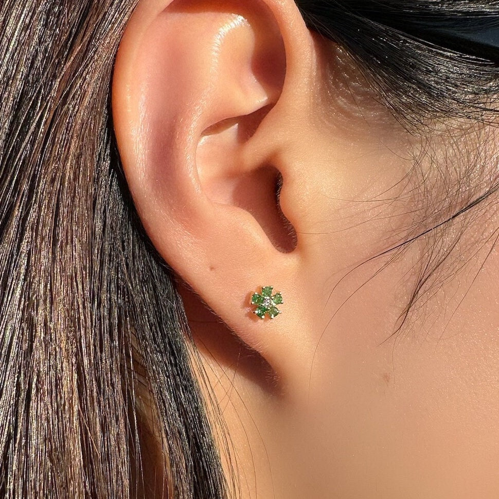 Genuine Emerald and Diamond Flower Stud Earrings in 14k Solid Gold