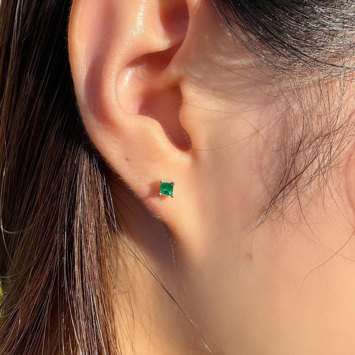 Genuine Emerald Princess Cut Stud Earrings / 14k Solid Gold