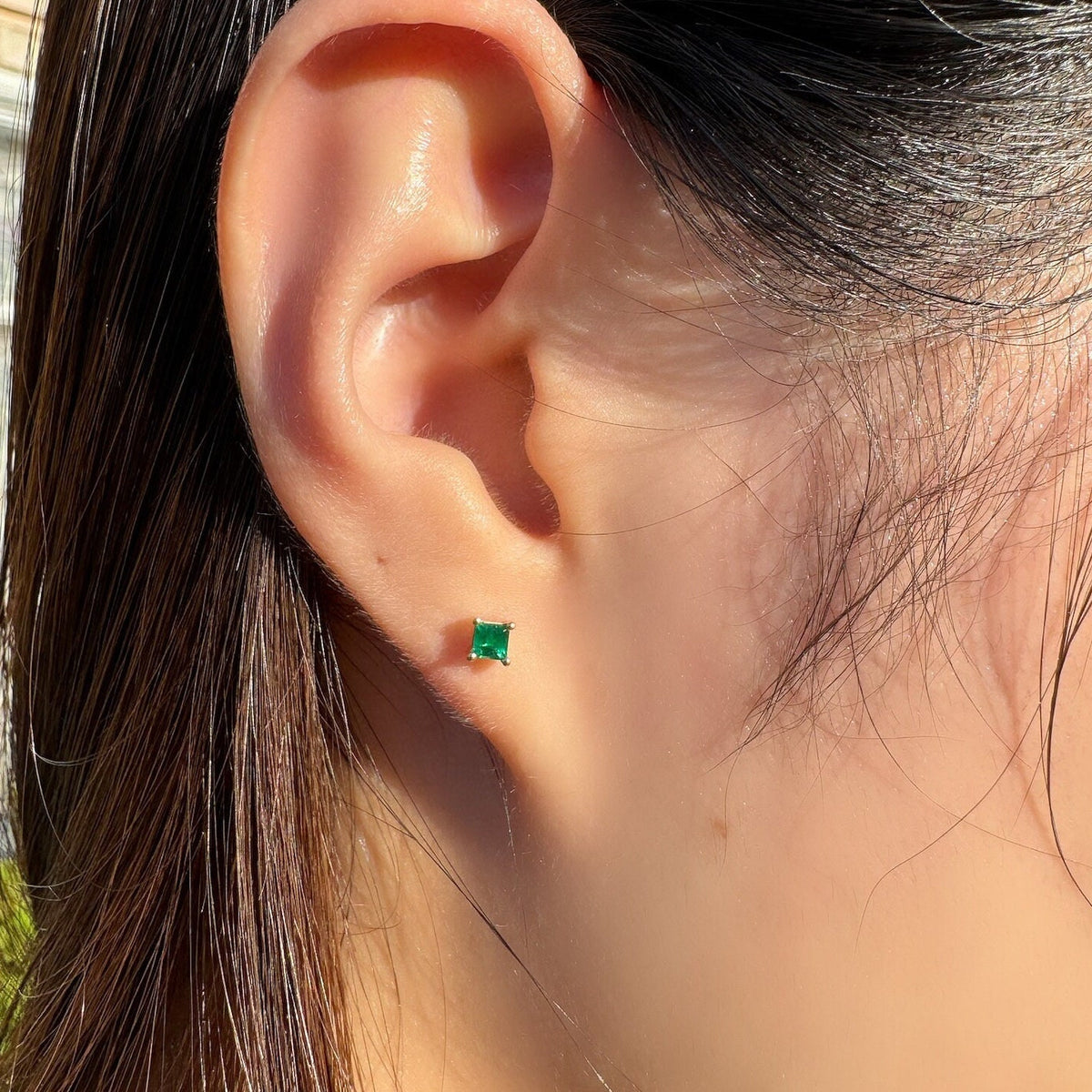 Genuine Emerald Princess Cut Stud Earrings / 14k Solid Gold