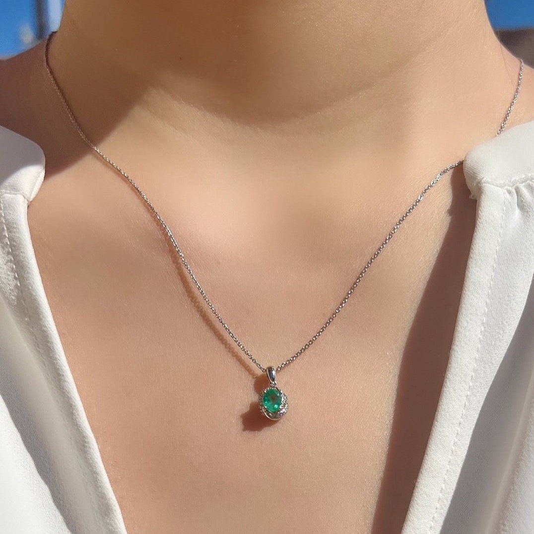 Genuine Oval Emerald and Diamond Pendant in 14k Solid White Gold