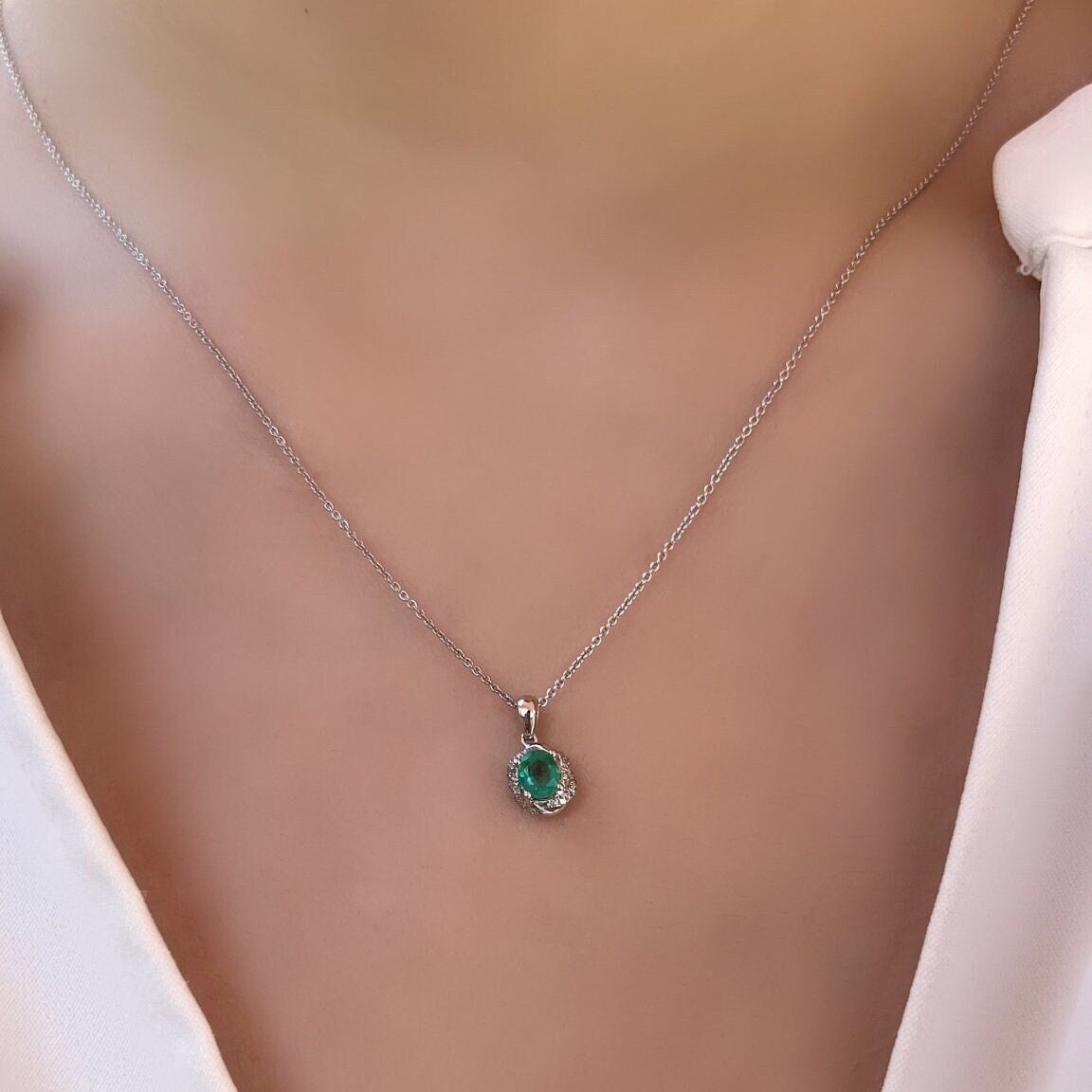 Genuine Oval Emerald and Diamond Pendant in 14k Solid White Gold