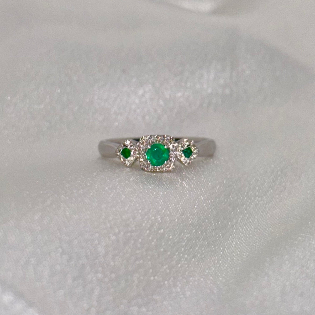 Genuine Emerald and Diamond Ring in 14k Solid White Gold