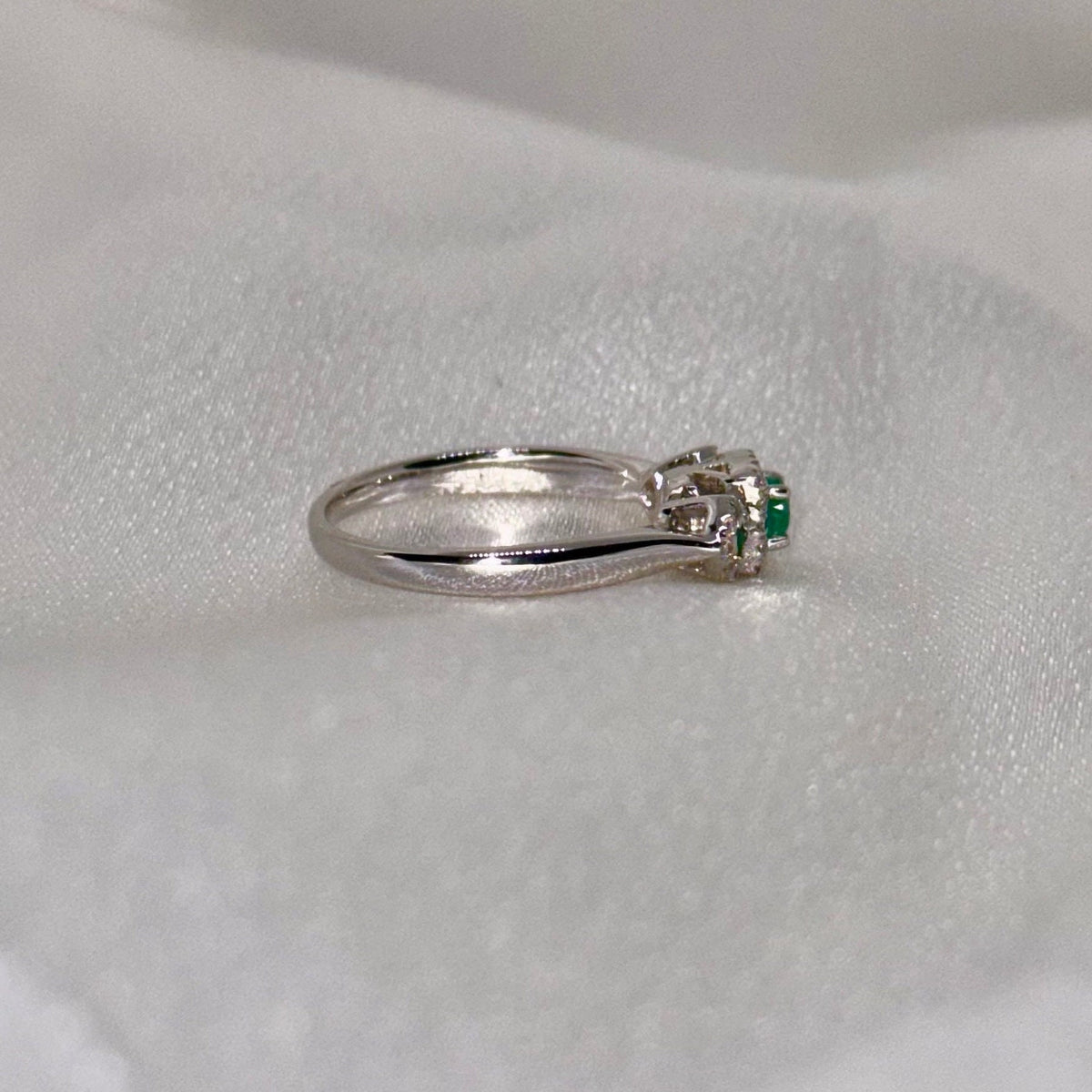 Genuine Emerald and Diamond Ring in 14k Solid White Gold